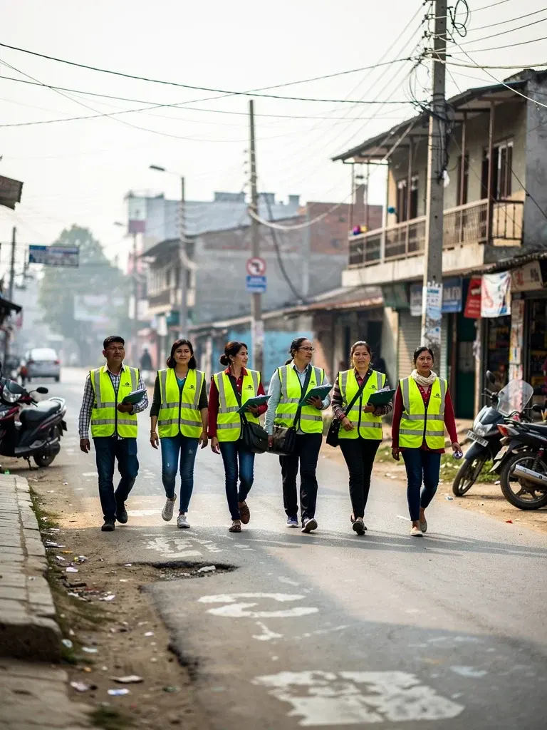 Nepali road-safety volunteers walking through a neighborhood